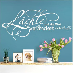 W3464 Wall Tattoo Quote Buddha Smile and the World Changes I White 80 x 36 cm I Hallway Self-Adhesive Sticker Wall Sticker