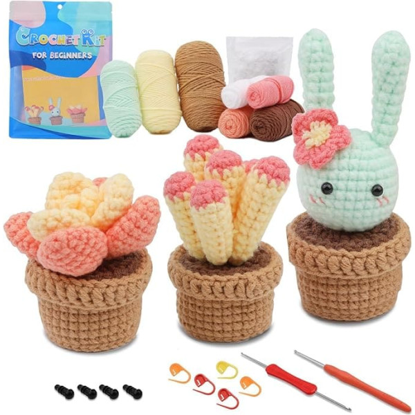 LURNODY Crochet Pack for Beginners, Pack of 3 Cactus Crochet for Beginners, Complete Knitting for Beginners Set, Crochet Hooks Yarn with Instructions and Video Tutorials
