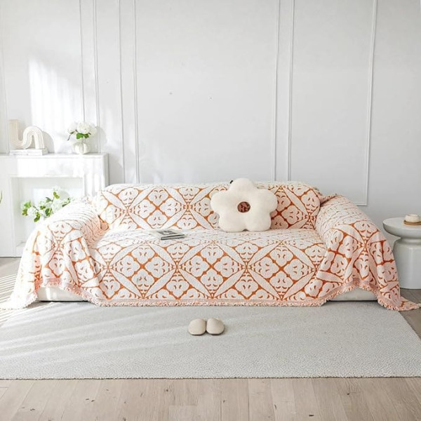 LiveGo Chenille AB Side Slipcover for Corner and L Shaped Sofa, Soft Non-Slip All Seasons Washable Couch Protector for Dogs with Tassel (AB Boho Orange, 180x300cm)