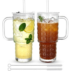 Glasbecher mit Deckel und Strohhalmen, auslaufsichere Glasbecher mit Griff und Reinigungsbürste, verdickte, transparente Trinkgläser für Smoothies, Cocktail, Bier, kalte Getränke, 2 Stück