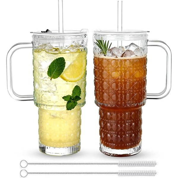 Glasbecher mit Deckel und Strohhalmen, auslaufsichere Glasbecher mit Griff und Reinigungsbürste, verdickte, transparente Trinkgläser für Smoothies, Cocktail, Bier, kalte Getränke, 2 Stück