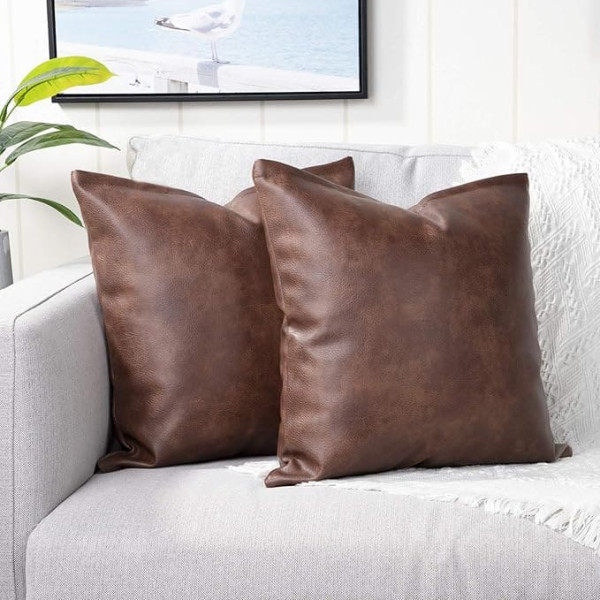 Yaertun Pack of 2 Luxury Faux Leather and Cotton Decorative Cushion Cover Set Cushion Covers Sofa Cover Bedroom Car Cushion Cover 16 x 16 Inch 40 x 40 cm Brown White Cushion Cover
