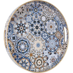 Round or Rectangular Mosaic Decorative Dining or Serving Tray with Gold Rim and Shiny Finish, Stylish Organizer or Food Tray for Coffee Table or Kitchen (Round
