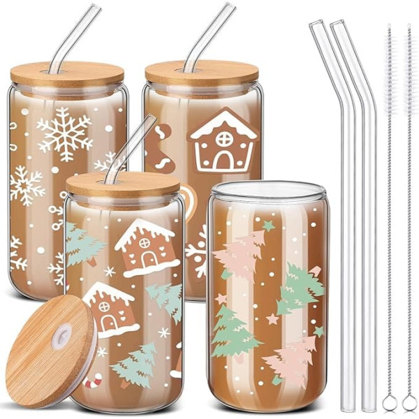 4 Pack Christmas Glass Cups with Lid and Straw, 16 Ounce Christmas Drinking Cups, Iced Coffee Cups, Can Be Shaped, Christmas Cups for Men and Women, Christmas, Birthday