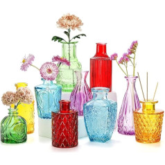 Coloch Set of 10 Coloured Bud Vases, Assorted Small Glass Vases, Vintage Carved Flower Vase, Single Bud Vase in Bulk Pack for Centerpieces, Parties, Wedding Decoration, Office