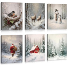 HPNIUB Vintage Christmas Wall Picture Farmhouse Santa Claus Snowman Painting (20 x 25 cm Framed) Winter Christmas Tree Forest Canvas Art Snow Landscape Aesthetic Poster for Christmas Decoration