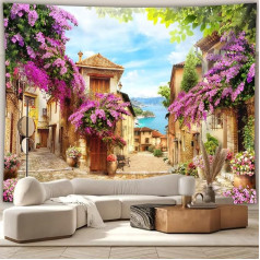 Arsey Mediterranean Tapestry Blooming Bougainvillea Street Scene Wall Cloth, Coastal City Nature Landscape Boho Beautiful Tapestries Cafe Restaurant Living Room Background Decoration, 320 x 240 cm