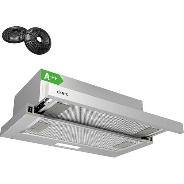 CIARRA AWS6906D A++ Flat Screen Hood Cooker Hood 60 cm Recirculation 370 m³/h with CBCF002X2 Activated Carbon Filter Integrated Flat Installation Extractor Hood Silver