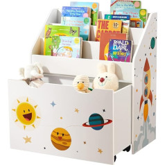 SONGMICS Toy Shelf, Bookcase for Kids, Nursery Shelf with 3 Compartments and Pull Out Toy Box with Wheels, Toy Organiser, Children's Room Books, Toys, White GKR41WT