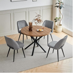 Dining Table and Chair Set, 100 cm Round MDF Dining Table, 4 Padded Corduroy Kitchen Chairs with Hollow Backrest for Dining Room, Living Room, Kitchen (Dark + Grey)