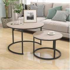 HOJINLINERO Industrial Round Coffee Table, Set of 2, Side Table for Living Room, Stackable Side Tables, Sturdy and Easy Assembly, Wood Look, Accent Furniture with Metal Frame, Black + Teak Oak