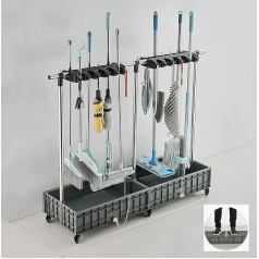 Utility Rack for Mops, Mobile Broom Holder, Mop Drain Rack, Stainless Steel, Broom Hanger, Wet Mop Organiser, Trolley, Floor-standing Garden Tool Rack with 2 Sinks, for Yard Cleaning, 16