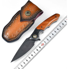 Pocket Folding Neck Knife Black, EDC Outdoor Knife Survival, Wootz Pocket Knife Premium Folding Knife Ironwood Small Handy Tool Knife Stainless Steel Sharp One-Handed Knife with Clip Leather Sheath