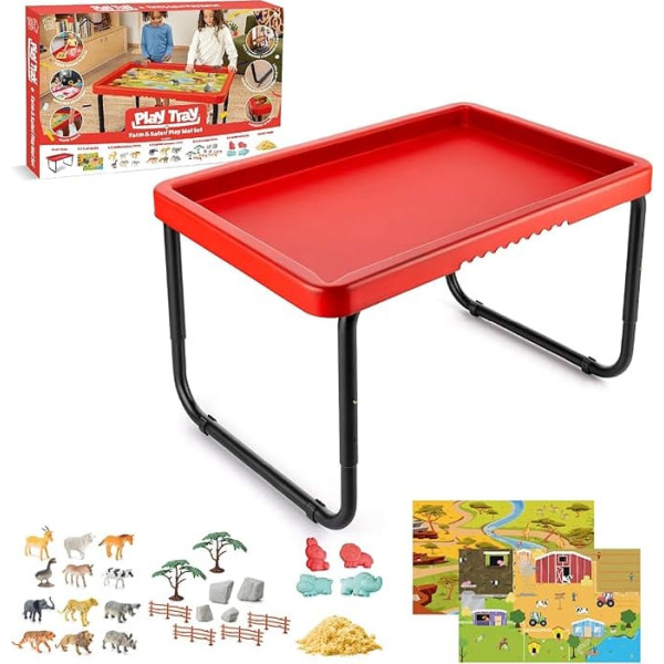 Play Tray Activity Table with Play Mat Set, Sensory Play Tray for Kids, Farm and Safari Theme Play Mat Set, Red
