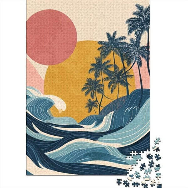 Tropische Strandszene 1000-Stück Premium-Karton Art-Deco-Inselillustration Erwachsene Jigsaws, Herausforderndes Spiel, Stresslinderung, Geschenk & Wanddekoration Familie & Büro 70x50cm/1000pcs