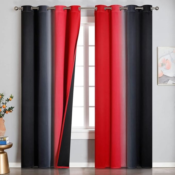 Colour Gradient Children's Room Curtains with Eyelets, Living Room Curtains with Eyelets, Ombre Thermal Curtain, Cold Protection Curtain, 244 cm Long, H 244 x W 132 cm, Red and Black, Set of 2