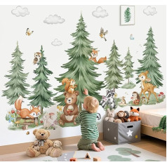 decalmile Wall Sticker Tree Large Pine Wall Sticker Forest Animals Deer Bear Fox Wall Sticker Nursery Baby Room Bedroom Wall Decoration