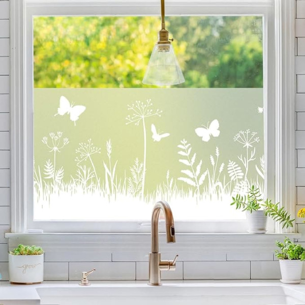dktie Window Film Opaque Privacy Film Flowers Grass and Butterflies Static Stickers without Adhesive Reusable Suitable for Living Room Bedroom Kitchen 90 x 200 cm