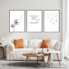 OJTOJT Set of 3 Premium Poster Set, Black White Poster Decoration Bedroom, Canvas Pictures, Dandelion Flowers Wall Pictures, Living Room, Bedroom Decoration, without Frame (40 cm x 50 cm)