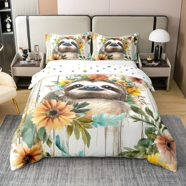 Homewish Sloth Bed Linen 135 x 200 cm Cotton Children, Slow Sloth Duvet Cover Cute for Girls Boys, Grey Brown Aesthetic Flowers Bed Set, with 1 Pillowcase Wooden Board Decor, Soft