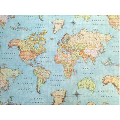 World Map Blue Designer Cotton Fabric Curtain Dressmaking Home Decor Upholstery 140cm Wide (2 Metres)