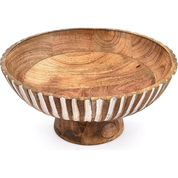 EDHAS Salad Bowl Handcrafted Mango Wood Pedestal Bowl – Burned Inner Bowl & Whitewash Outer Finish, Large Wooden Serving Bowl for Salads, Fruits (10