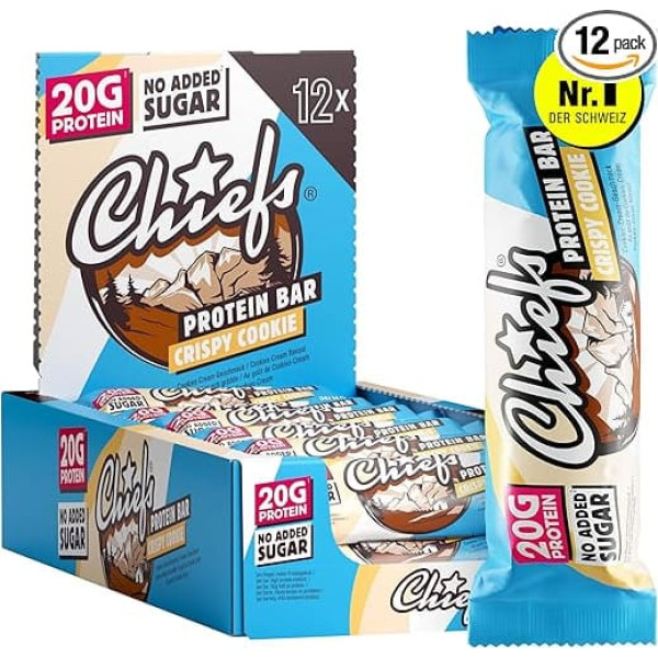 CHIEFS High Protein Bar - Crispy Crispy Cookie Flavour - Box of 12 - 20 g Protein - Perfect Snacks without Added Sugar - Low Sugar - 55 g Protein Bar without Palm Oil