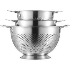 Sieve Set of 3 Colander Stainless Steel Kitchen Strainer Pasta Strainer with Handle & Round Base Metal Colander for Pasta Fruit Rice Vegetables Dishwasher Safe Stackable
