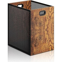 Rectangular Waste Paper Bin 28 x 20 x 30 cm Made of Iron & Wood, Modern Industrial Style Waste Bin with Handle - Decorative Waste Bin for Office, Bedroom & Home Office