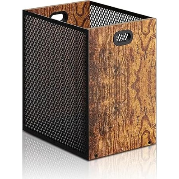 Rectangular Waste Paper Bin 28 x 20 x 30 cm Made of Iron & Wood, Modern Industrial Style Waste Bin with Handle - Decorative Waste Bin for Office, Bedroom & Home Office