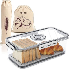 Plastic Transparent Bread Bin, Sealed Bread Box with Time Record, Bread Storage for Kitchen Worktop with 2 Linen Bags (32.5 x 18 x 11 cm)