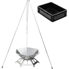 BOXIO - Fire Bundle: Stainless Steel Fire Bowl with Grill Grate & Tripod - Octagon Fire Pit Outdoor & Camping Grill, Small Fire Bowl with Spark Protection, Mini Fire Basket Set for Garden & Campfire