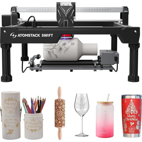 ATOMSTACK Swift 7W Laser Engraving Machine with R6 and H5, Rotary Roller and High Base, Rotary Roller Suitable Engraving Surface 300 × 300 mm 0.01 mm High Precision Laser Cutter DIY