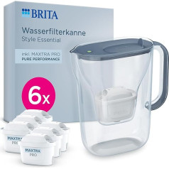 BRITA Style Essential Water Filter Jug Stone Blue (2.4L) Including 6x Brita Maxtra Pro Pure Performance - Jug with Smart Light LED & Hinged Lid Fits in the Fridge, Filters Impurities etc.