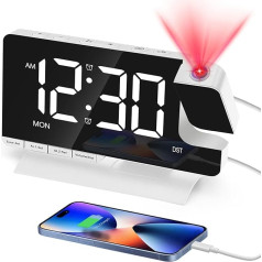 Projection Alarm Clock: Alarm Clock, Bedside Table with 180° Projector, Dull Alarm, Snooze Function, LED Screen Mirror with 6 Brightness Settings, 2 USB Charger, Plug-in Digital Clock for