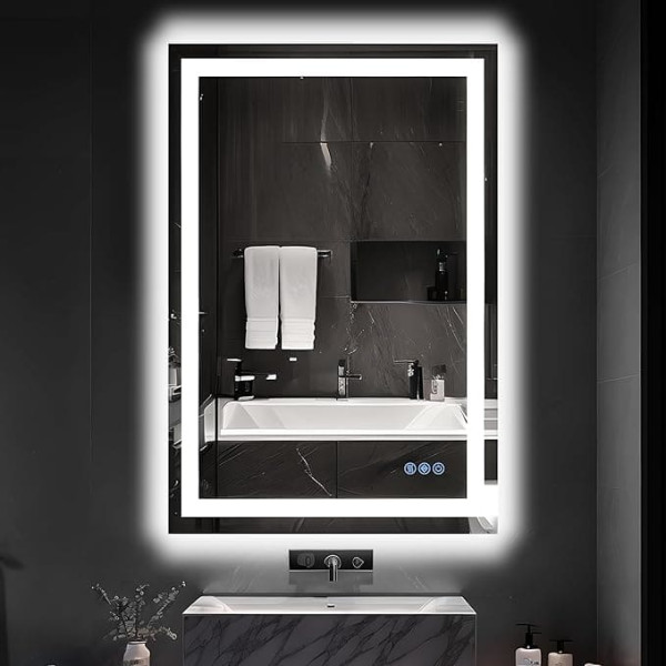 Antok 90 x 60 cm LED Bathroom Mirror with Lights, Anti-Fog, Dimmable, Illuminated Cosmetic Mirror with Tempered Glass, Memory Function, 3 Colours, Safe Use (Horizontal/Vertical)