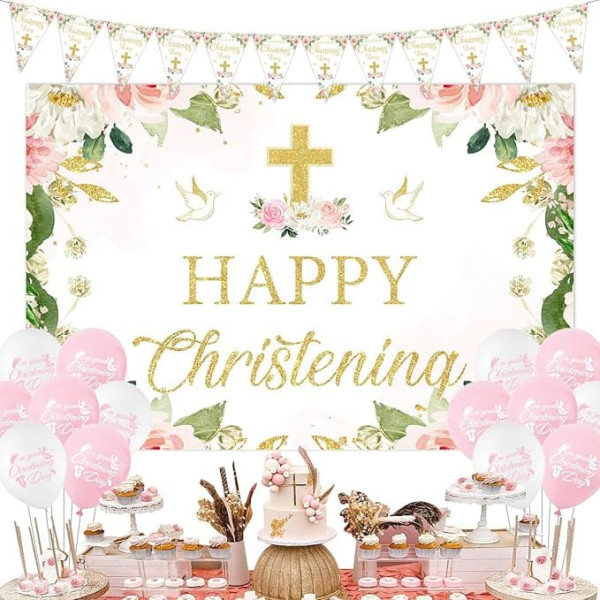 Sursurprise Christening Decorations Pink for Girls, Happy Christening Background, On Your Christening Day Banner, First Holy Communion Baby Shower Christening Party Supplies