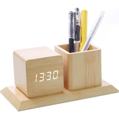 ThreeH Wooden Digital Alarm Clock, Pen Holder, LED Time Display, 3 Alarm Settings, Sound Control, Clock with 3 Brightness Levels, Yellow