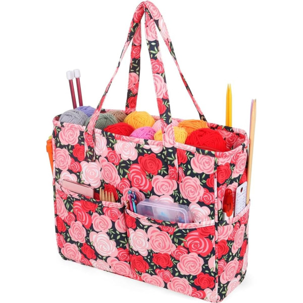Aeelike Große Strick-Tragetasche, Häkeltaschen für Wolle und Haken, Bastelaufbewahrungstaschen mit Fächern, Strickgarn, Organizer-Tasche, Wolltasche, tragbare Strickprojekt-Reisetasche, Basteltasche