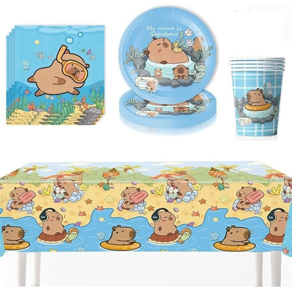 Capybara Birthday Party Set, Capybara Party Tableware Set Children's Birthday Tableware Set Birthday Party Supplies Set Plates, Cups, Napkins, Tablecloth for Children Decoration Party Accessories (20 Guests)