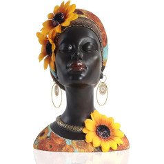 QIANLING African Art Bust Interior Decoration African Sunflower Girl Suitable for Living Room Bedroom Office Library Wooden Shelf Decoration