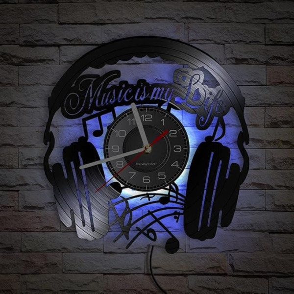 Vinyl Wall Clock with Retro Headphones Theme and LED Night Light - Gift for Music Lovers (With Light/Gift: Hook + Gift Bag)
