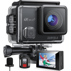 Surfola 4K Action Cam, 40 m Underwater Camera with Stabilisation, 170° Wide Angle, External Microphone, 2 Rechargeable Batteries, Remote Control and Mounting Accessories, for Snorkelling