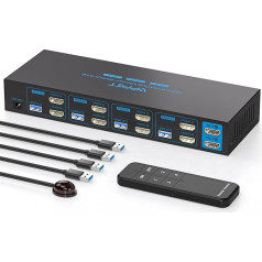 HDMI KVM Switch 4 PC 2 Monitors 4K60Hz EDID KVM Switches for 4 Computers Share 2 Monitors and 4 USB 3.0 with 2 Types of Control Supports Expansion Mode and Mirror Mode