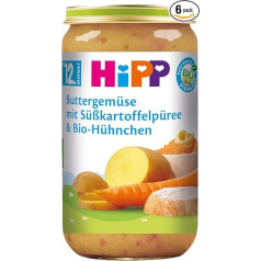 HiPP Butter Vegetables with Sweet Potato Puree and Organic Chicken (6 x 250 g), from 12 Months, Low Salt, Gluten-Free, with Omega-3, Pieces - Important for Learning to Chew, in Best Organic Quality