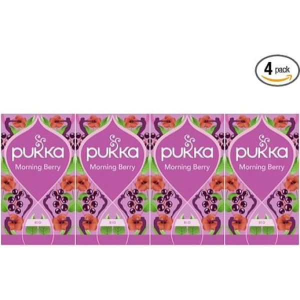 Pukka Morning Berry Organic Fruit Tea - Blackcurrant, Rooibos, Blackberries, Ginseng, Active Lifestyle, Pack of 4, 80 Tea Bags