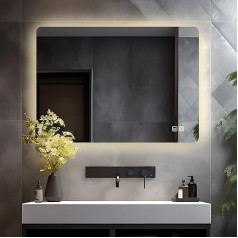 LISA LED Bathroom Mirror with Lighting, 80 x 60 cm, Large Bathroom Mirror with Touch, Dimmable, Warm White/Cool White Light, Anti-Fog Wall Mirror for Bathroom, Toilet, Hallway, Rear Lighting