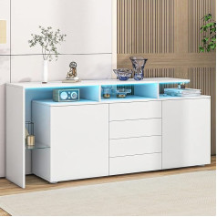 Sideboard Living Room with 2 Doors and 4 Drawers, Chest of Drawers Buffet Cabinet with LED Light and 2 Open Compartments, Living Room Cabinet, Display Cabinet, White, Highboard, 160 x 35 x 70 cm