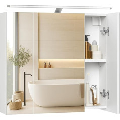 VASAGLE Kailyn Kollektion - Spiegelschrank Bad mit Beleuchtung, Badezimmerschrank mit 3 Türen, Wandschrank mit verstellbaren Ablagen, moderner Stil, 15 x 60 x 55 cm, wolkenweiß BBK138WB01