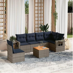 7-teiliges Gartensofa-Set aus grauem Polyrattan mit Kissen und Beistelltisch aus Akazienholz
